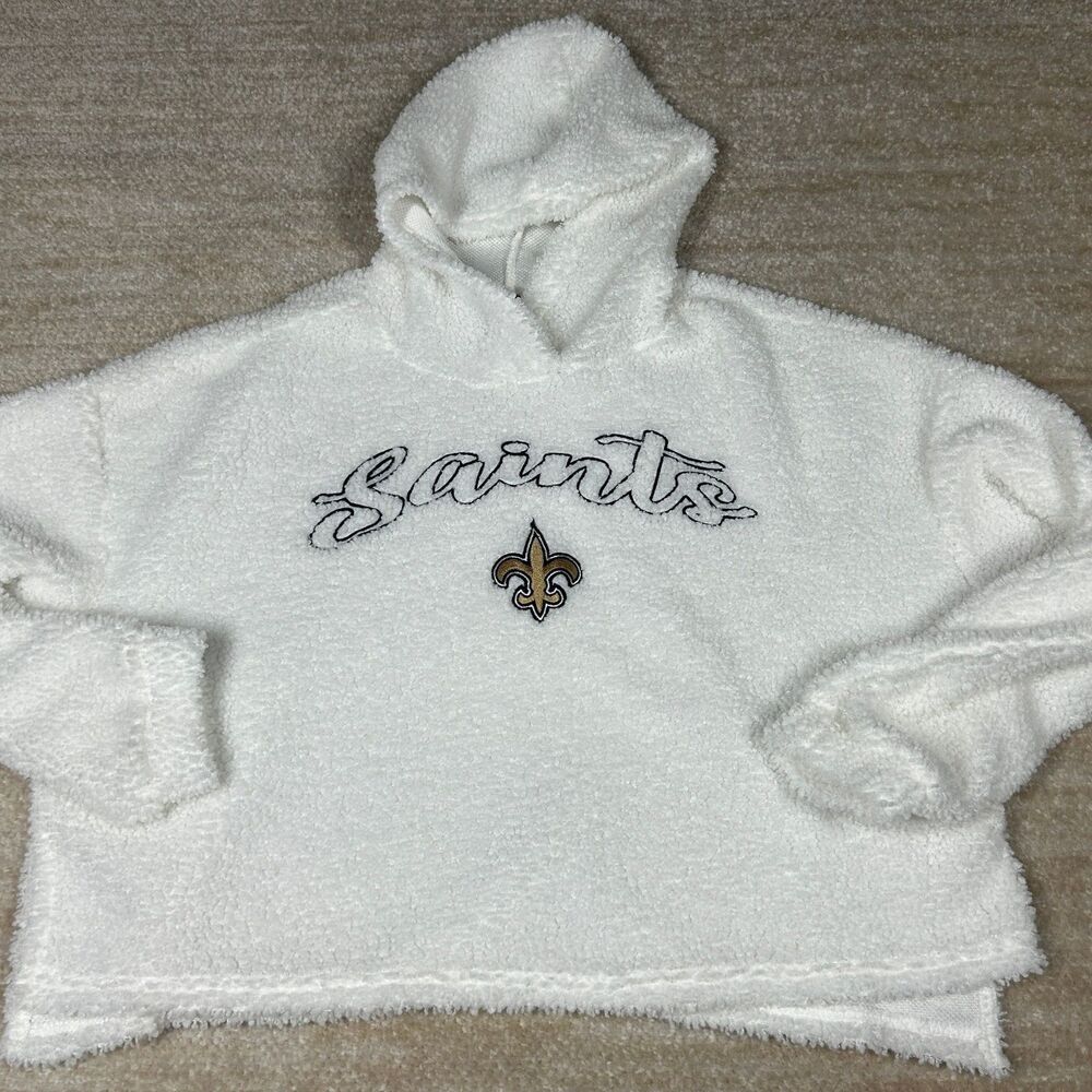 Team Apparel Hoodie Womens L White Sherpa Fuzzy Saints New Orleans Logo Pullover